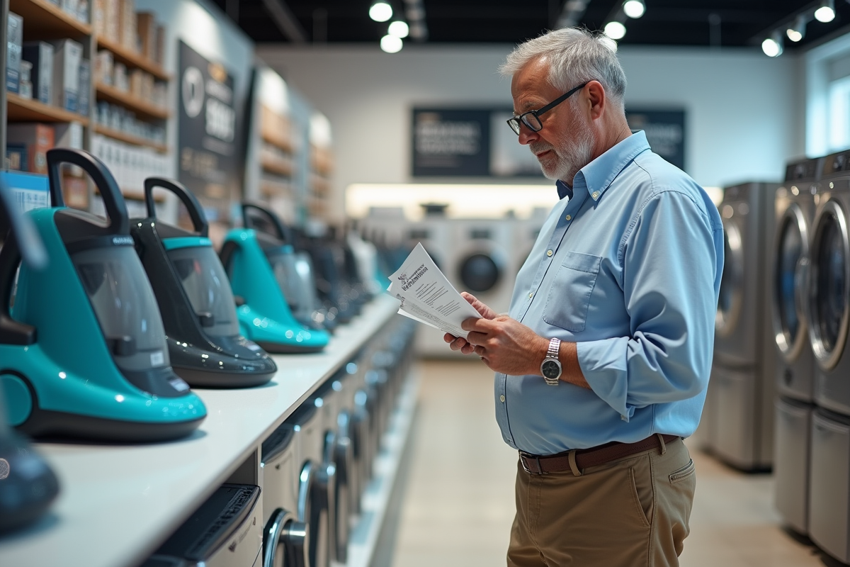Homme âgé lit notices devant une rangée d aspirateurs vapeur en magasin