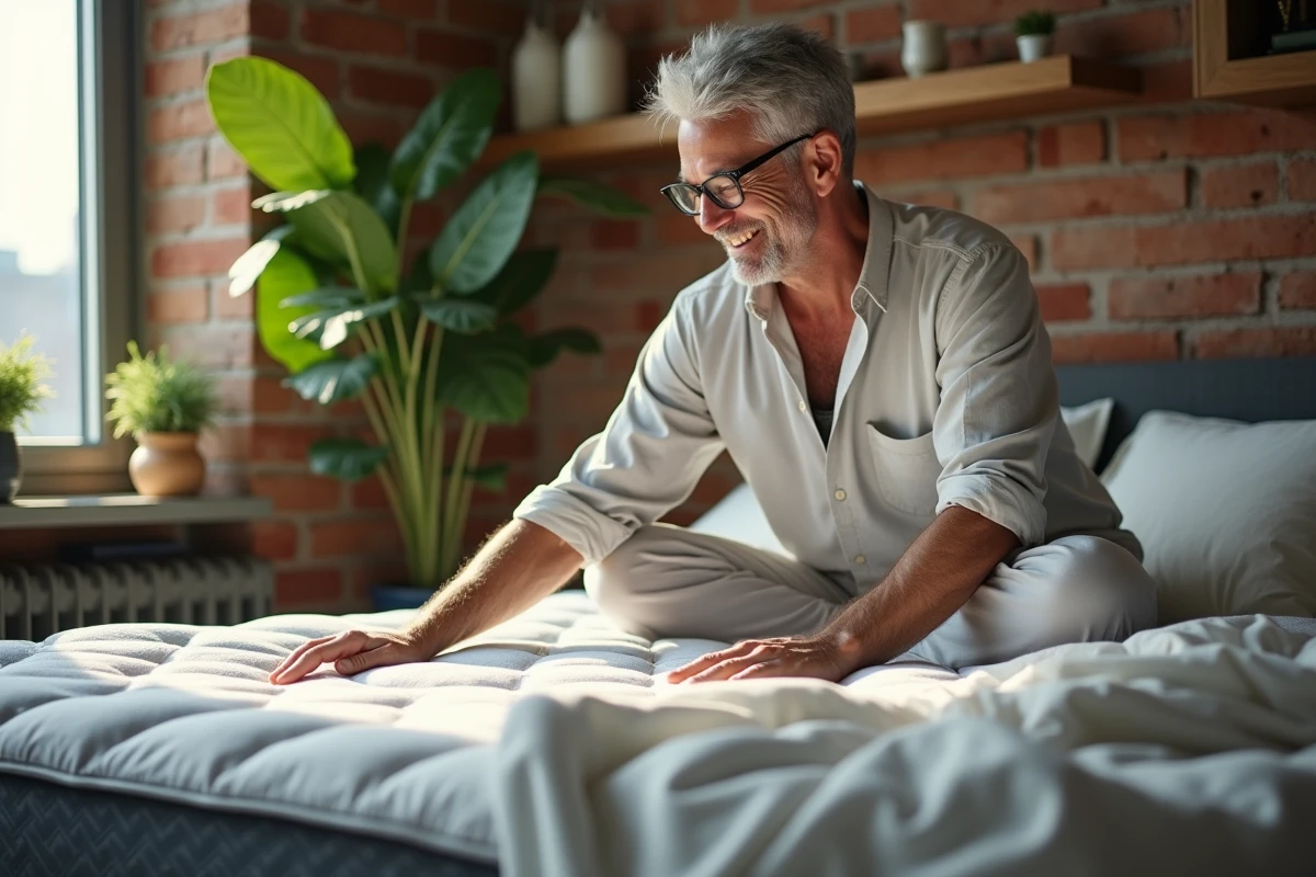 Homme d age vérifiant un matelas dans une chambre urbaine