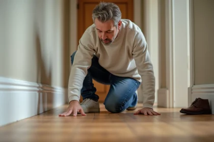 Homme d'âge moyen inspectant un parquet en bois