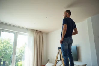 Homme d'âge moyen peint le plafond d'un salon moderne