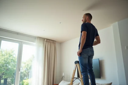 Homme d'âge moyen peint le plafond d'un salon moderne