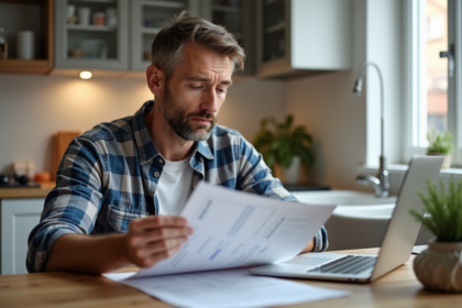 Homme d'âge moyen étudie documents de rénovation maison