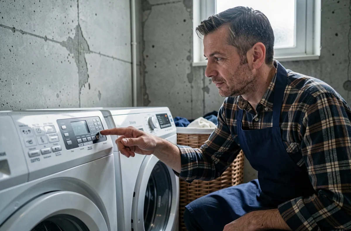 Homme montrant les symboles du panneau de commande d'une machine à laver dans un appartement urbain