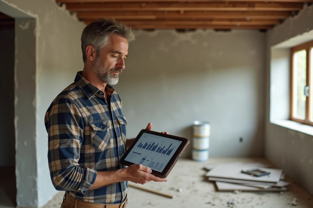 Homme consultant un outil de planification budgétaire sur tablette dans une pièce en cours de rénovation