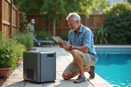 Homme d'âge moyen vérifiant une pompe à chaleur piscine extérieure