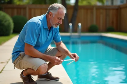 Homme au test de qualité de l'eau de piscine