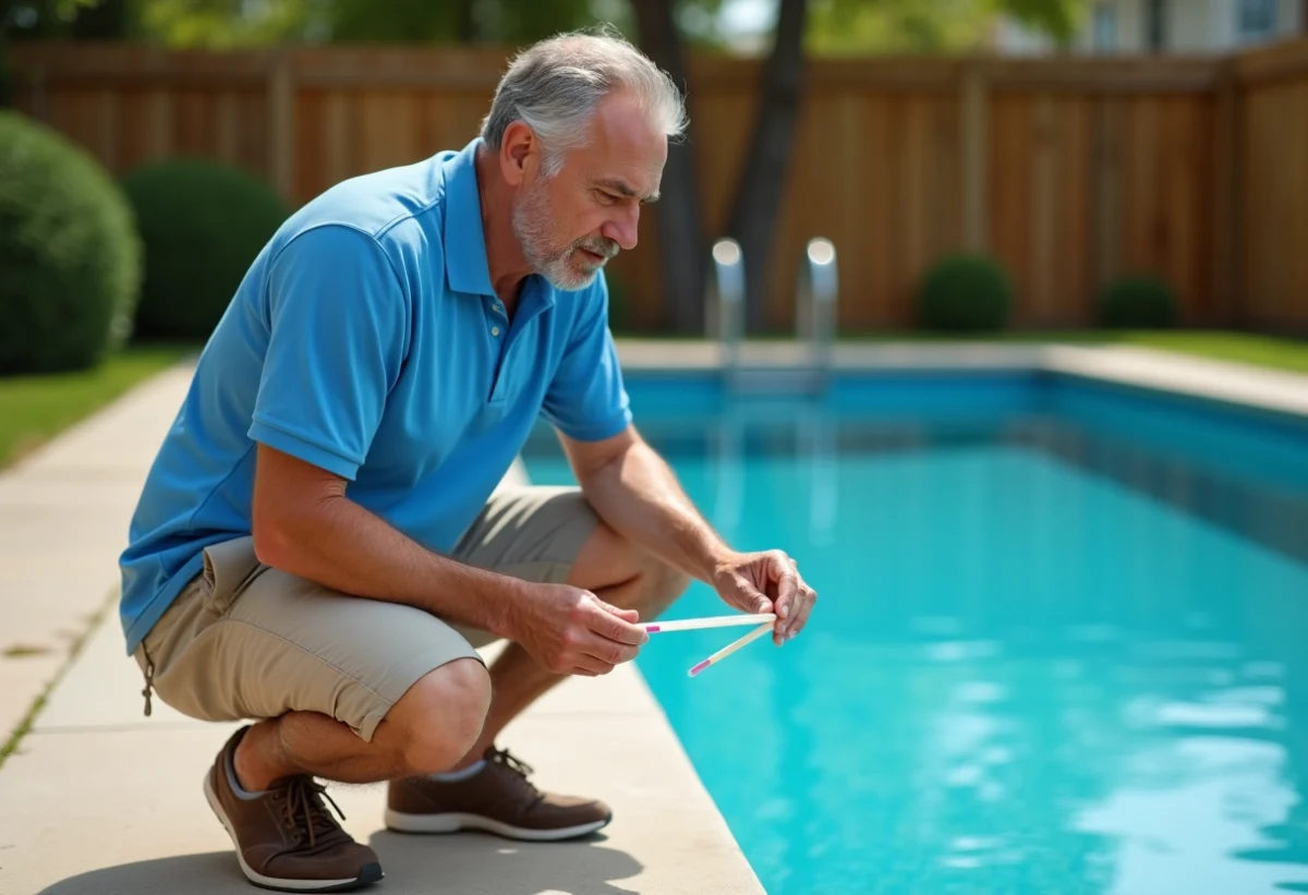Homme au test de qualité de l'eau de piscine