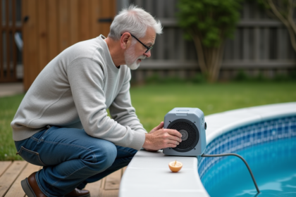 Homme inspectant un chauffe-eau de piscine en extérieur