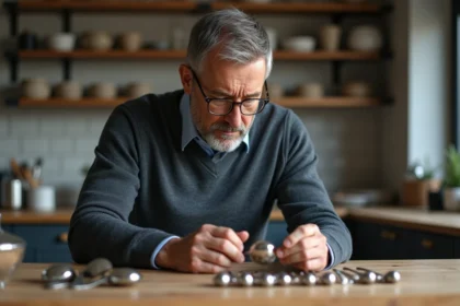 Homme d'âge moyen examinant des cuillères en argent ancien avec loupe