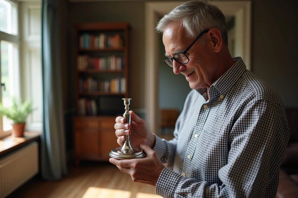 Homme âgé examinant un chandelier en argent dans un salon