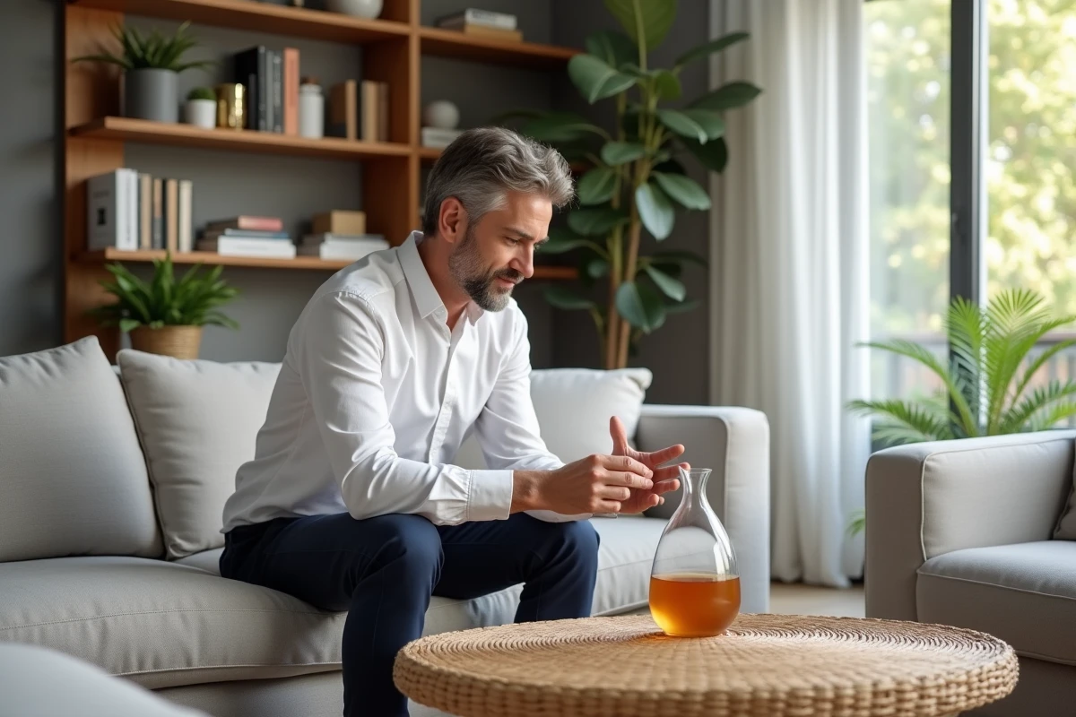 Homme examinant un vase sur une table en bambou