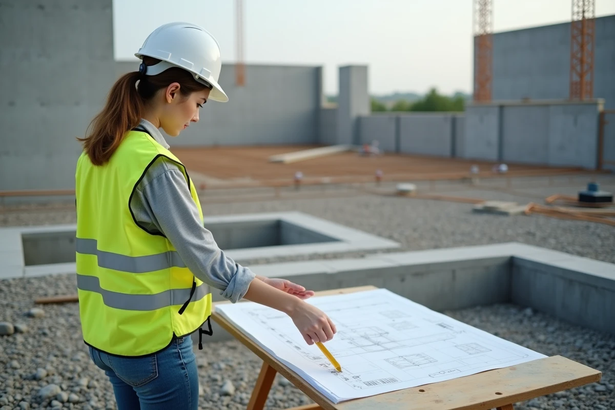 Jeune ingenieure civile avec plan sur site de construction