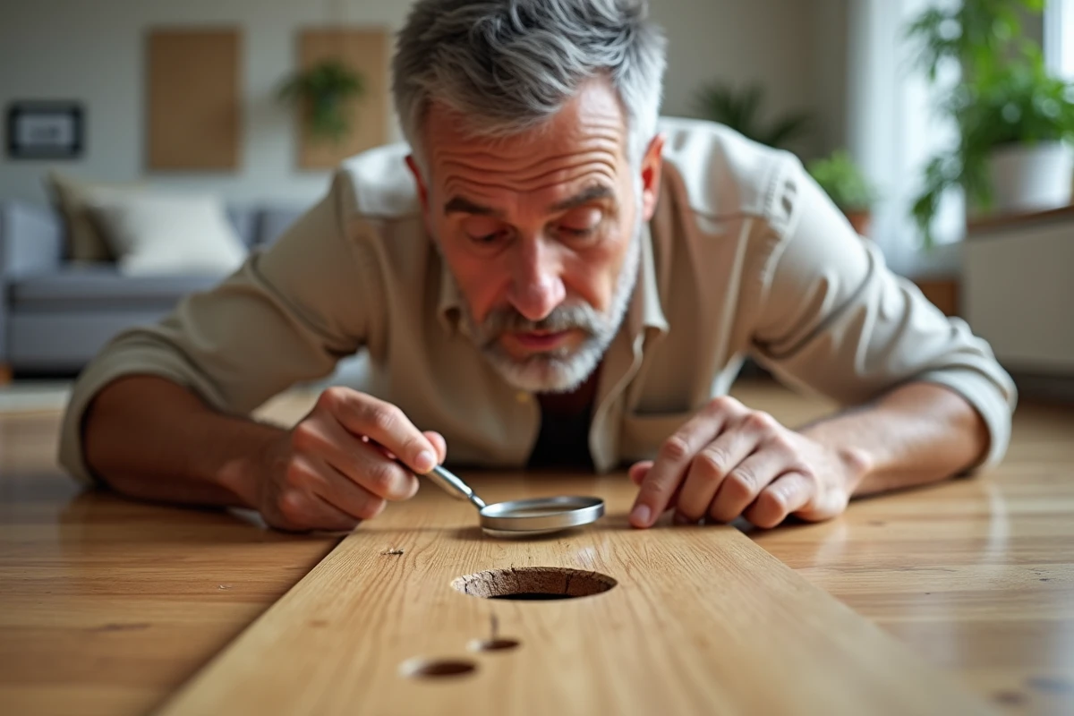 Propriétaire inspectant des dégâts de capricorne dans un plancher en bois avec une loupe, problème couvert par l'assurance habitation