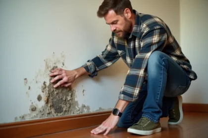 Homme inspectant une moisissure sur un mur intérieur