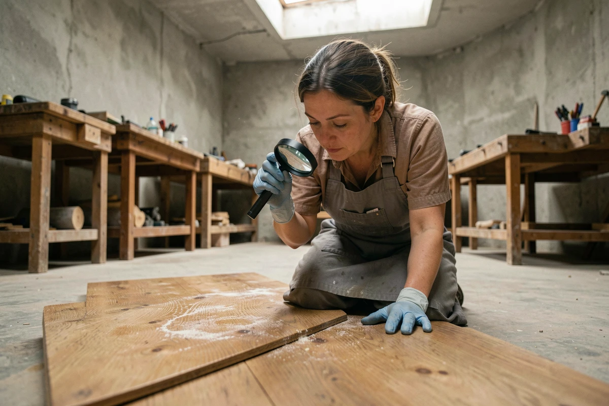 Femme inspectant un parquet en chêne ancien après traitement à l'acide oxalique dans un atelier de rénovation