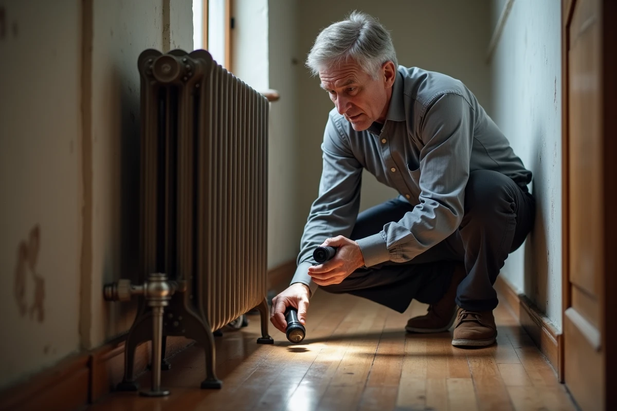 Expert en bâtiment inspectant le plancher bois sous un radiateur en fonte dans un appartement ancien