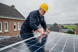 Installateur de panneaux solaires fixant des modules photovoltaïques sur un toit de maison individuelle dans les Hauts-de-France