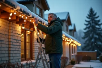 Homme installant des guirlandes LED basse consommation sur la façade d'une maison en hiver