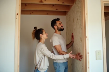 Jeune couple installant une isolation naturelle dans une maison moderne