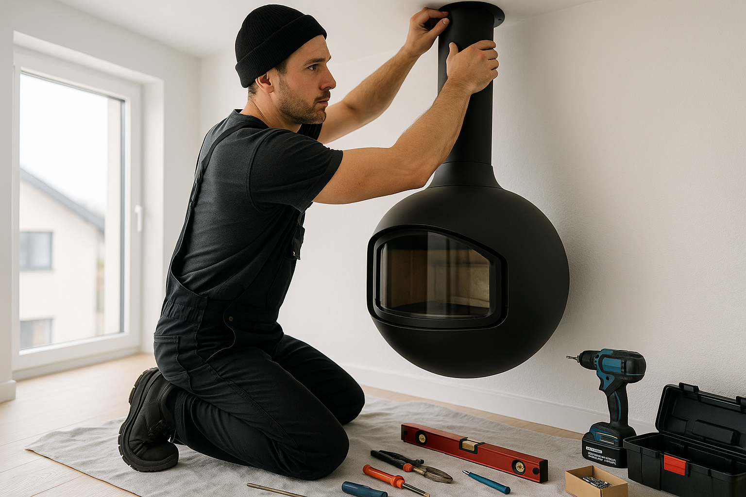 Installateur fixant un poêle suspendu dans une maison lumineuse