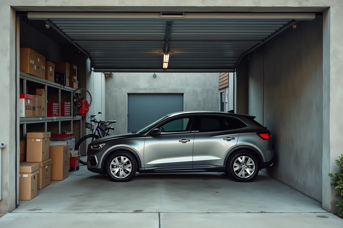 Intérieur d'un box garage urbain avec voiture garée, vélo et affaires stockées sur étagères en béton