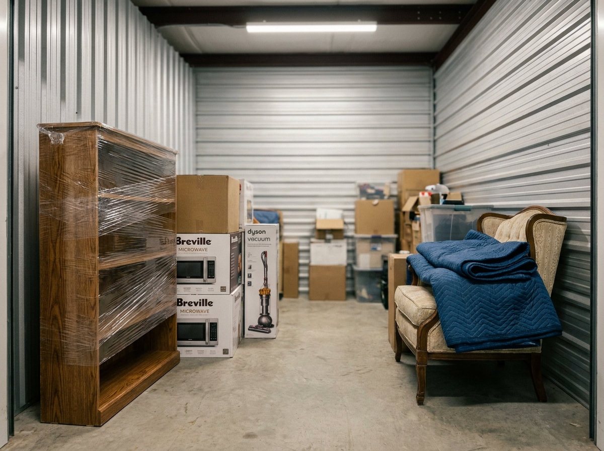 Intérieur d'un box de stockage organisé avec meubles et cartons pendant des travaux de rénovation