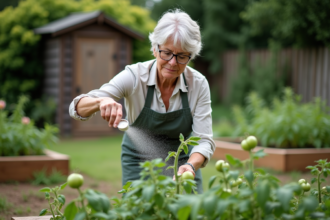 Femme au jardin saupoudrant poudre blanche sur tomates