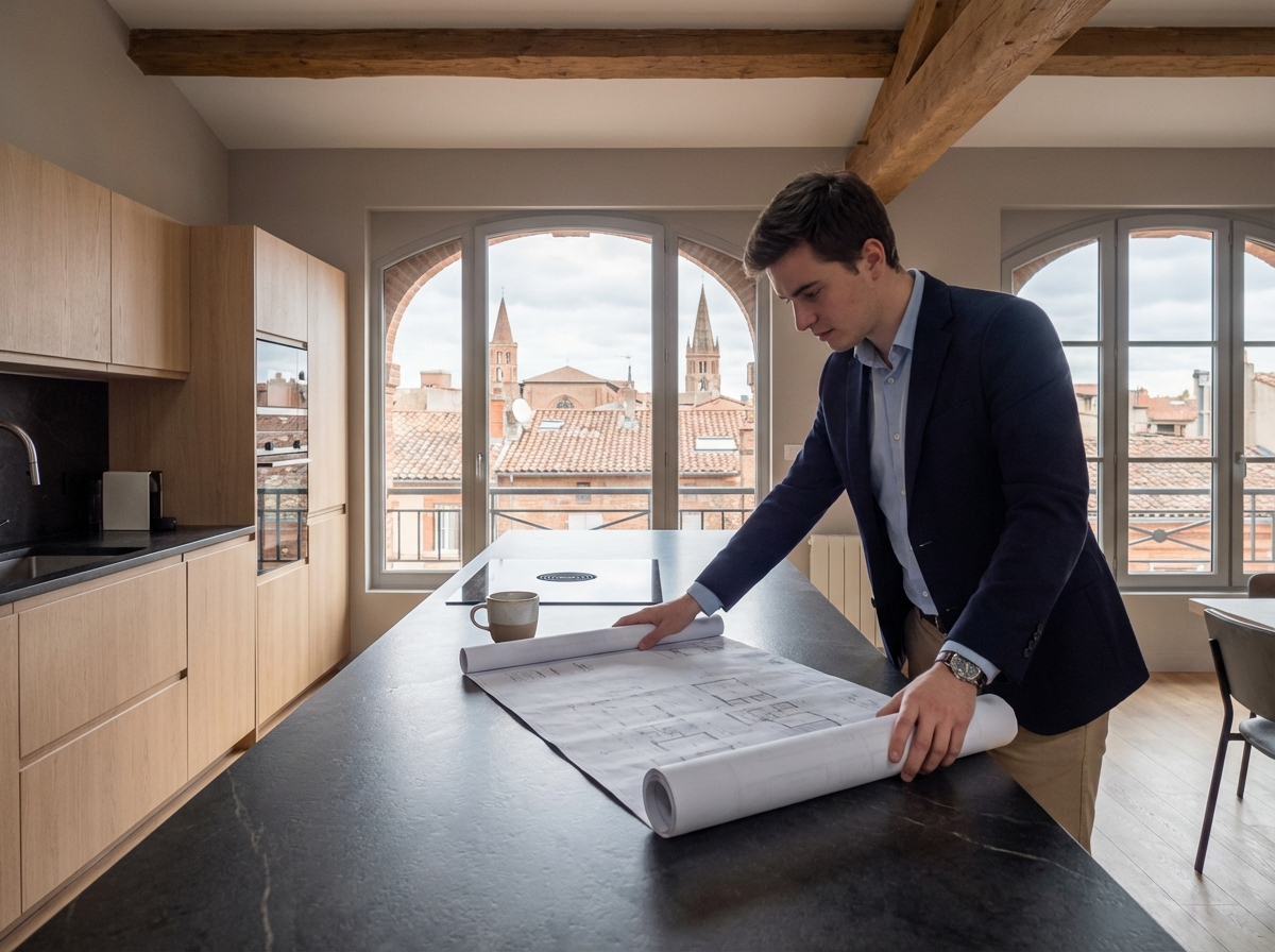Jeune architecte déroulant des plans dans une cuisine rénovée à Toulouse