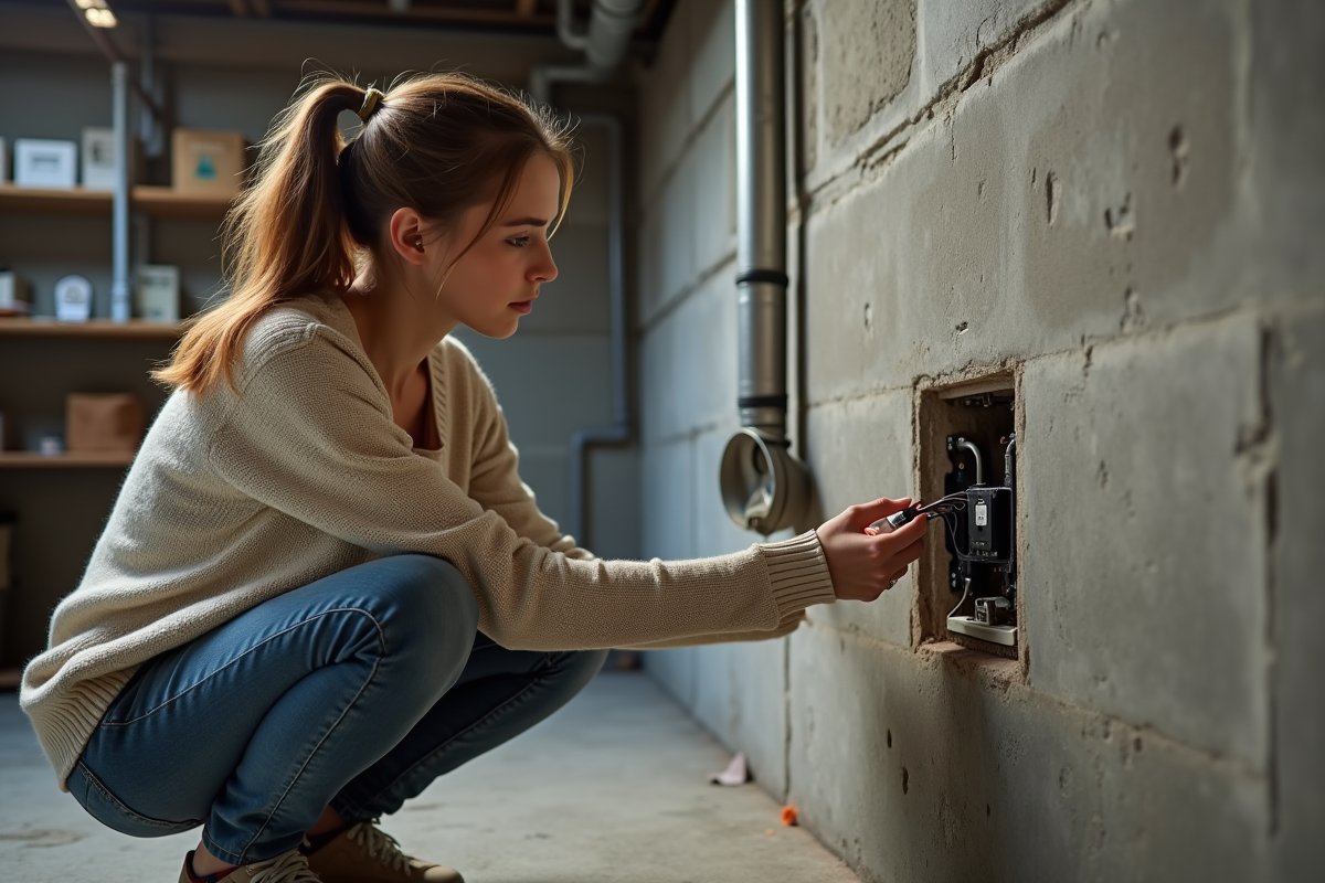 Jeune femme inspectant des prises électriques dans un sous-sol