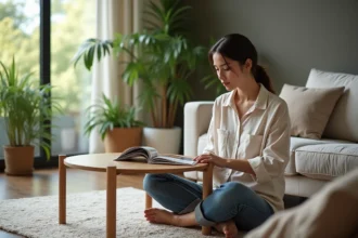 Jeune femme assise sur un tapis dans un salon lumineux