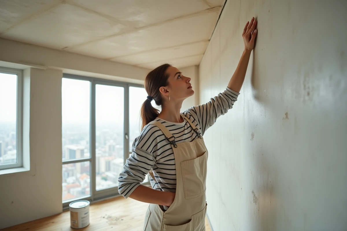 Jeune femme examine un plafond mat dans un appartement rénové