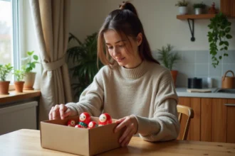 Jeune femme déballant des poupées russes colorées dans un intérieur cosy