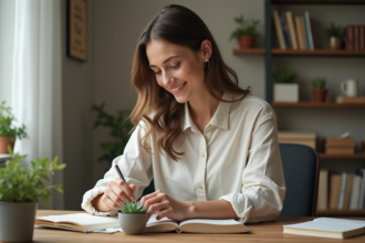 Jeune femme souriante touchant une plante succulente dans un bureau