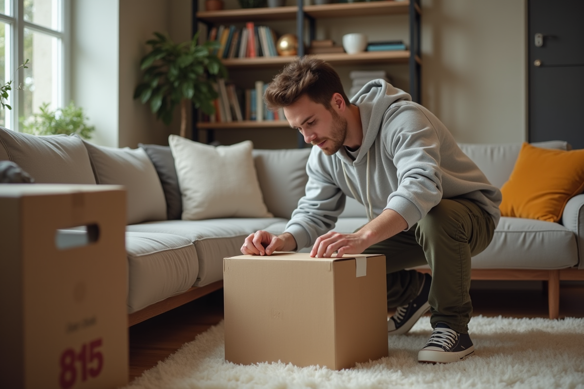 Jeune homme assemble des cartons dans son appartement