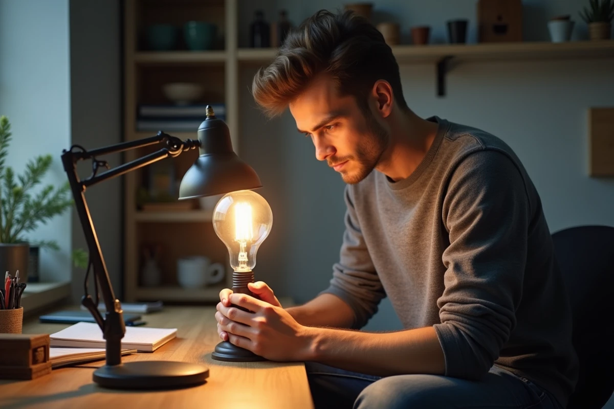 Jeune homme changeant une ampoule dans un bureau minimaliste