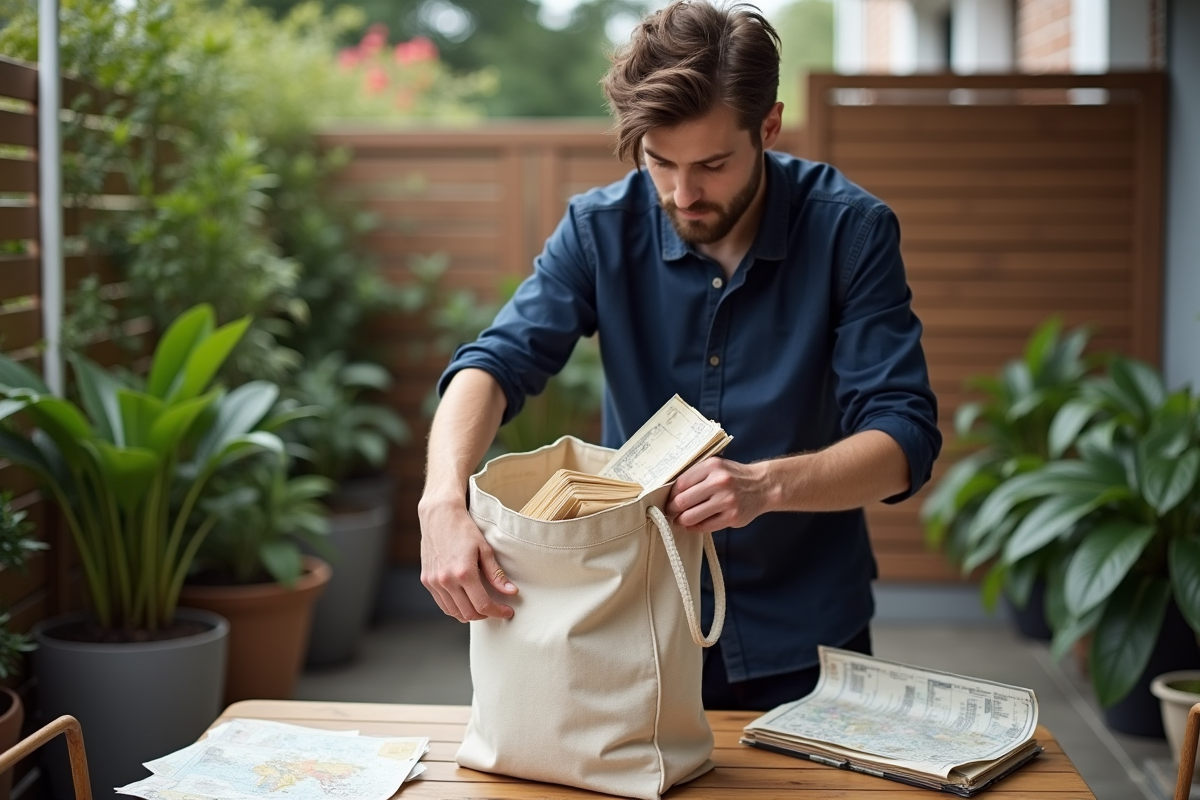 Jeune homme emballant des livres dans un sac en toile
