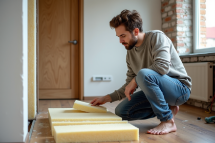 Jeune homme examine des panneaux d'isolation dans un appartement en rénovation