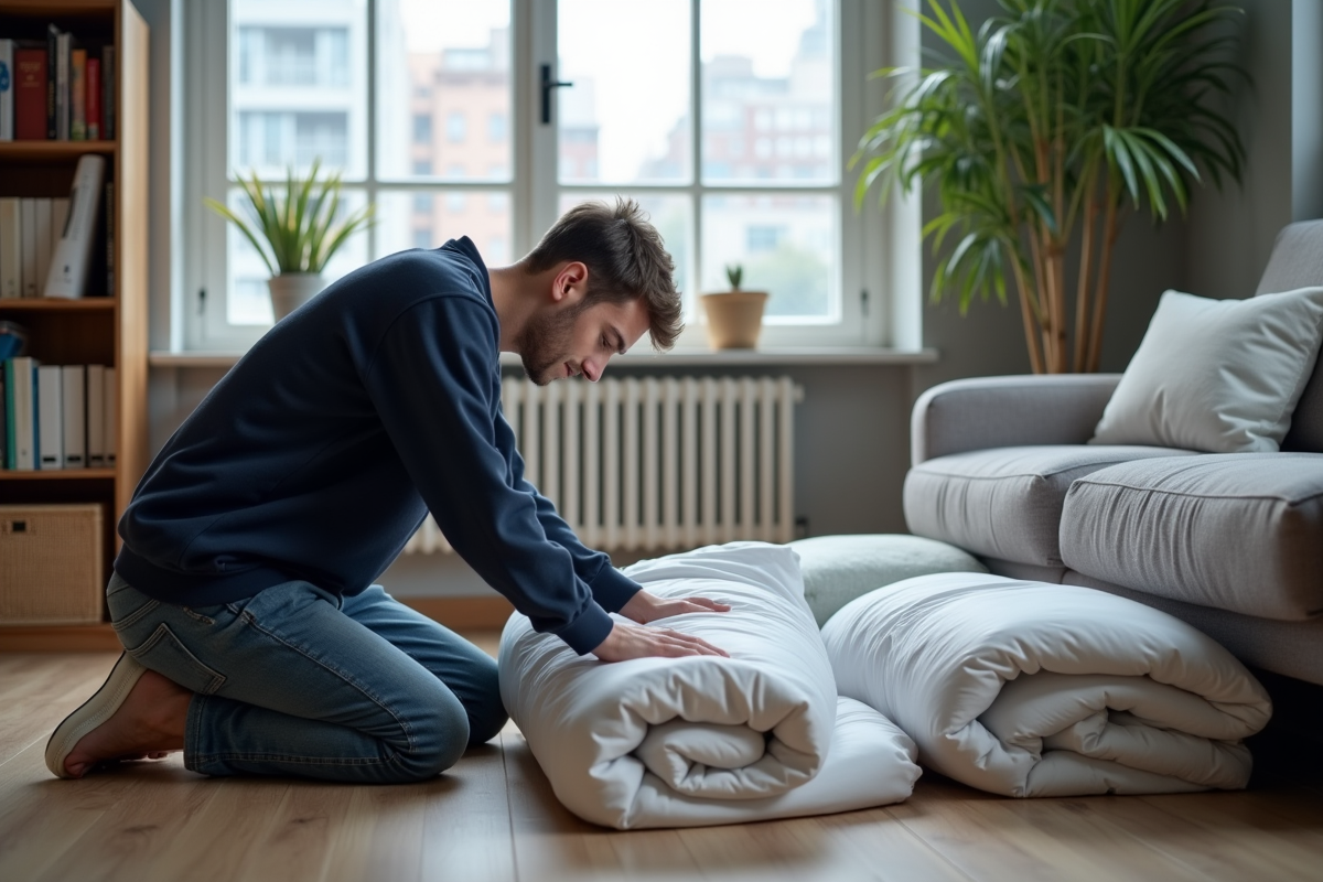 Jeune homme plie des duvets dans un salon moderne