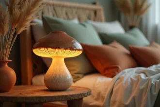 Lampe de chevet champignon en céramique peinte à la main sur table de nuit en bois rustique dans une chambre bohème