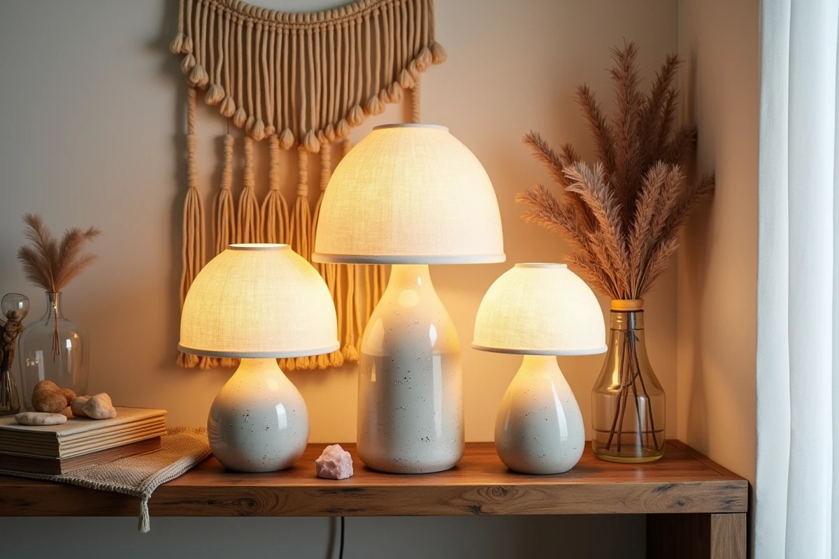 Trio de lampes champignon en matériaux naturels sur étagère bois dans un coin chambre au style bohème vintage