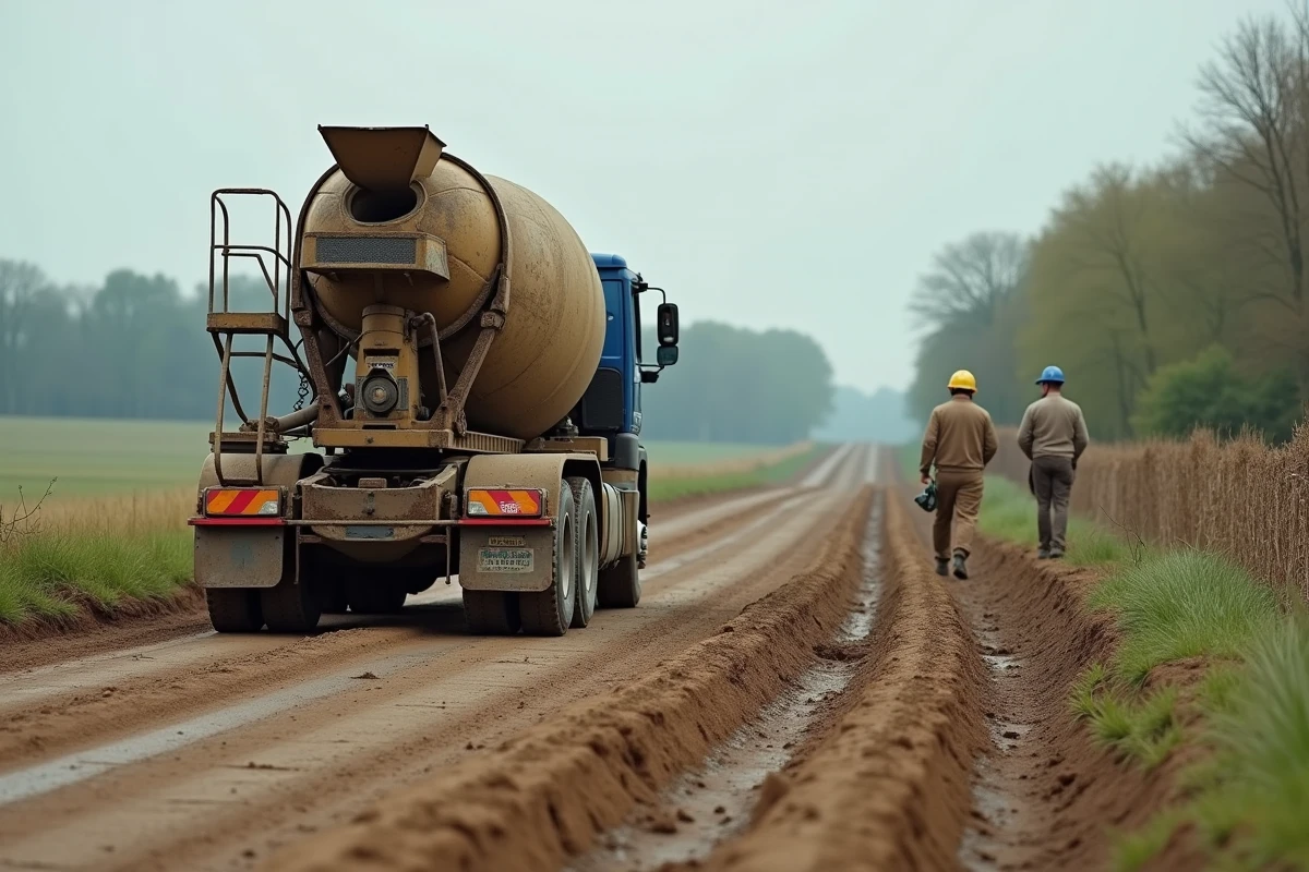 Livraison de béton par toupie sur chantier rural avec ouvriers et fondation fraîchement coulée