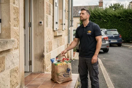 Livreur Carrefour déposant des sacs de courses devant une maison pavillonnaire française lors d'une livraison express à domicile