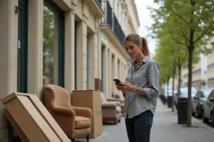 Locataire parisienne consultant son téléphone à côté d'encombrants déposés sur le trottoir du 15e arrondissement de Paris