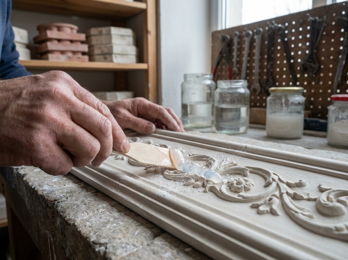 Gros plan sur les mains d'un artisan appliquant du silicone sur un moulage en plâtre décoratif