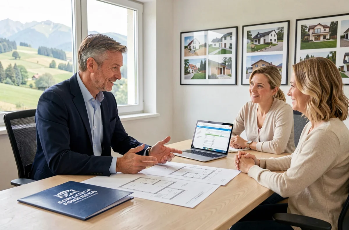Courtier en travaux de rénovation expliquant un projet à un couple dans un bureau professionnel au Jura