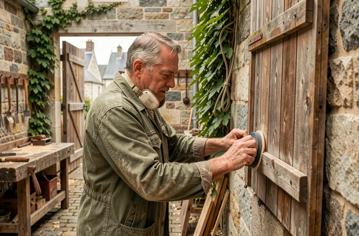 Artisan de Mariau-Jamet ponçant un volet en bois ancien dans une cour d'atelier à Dol-de-Bretagne