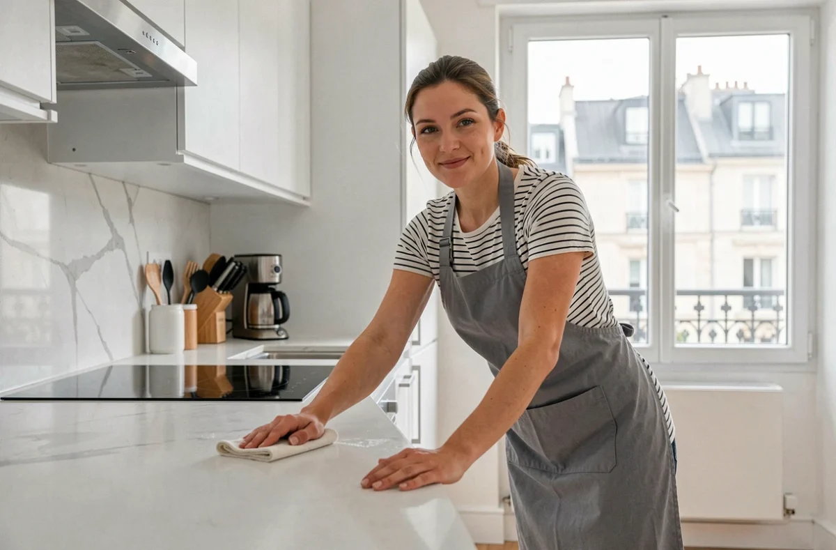 Maude Gobin aide à domicile nettoyant un plan de travail dans une cuisine d'appartement