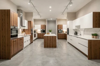 Showroom de cuisinistes en Haute-Vienne avec plusieurs configurations de cuisines modernes exposées