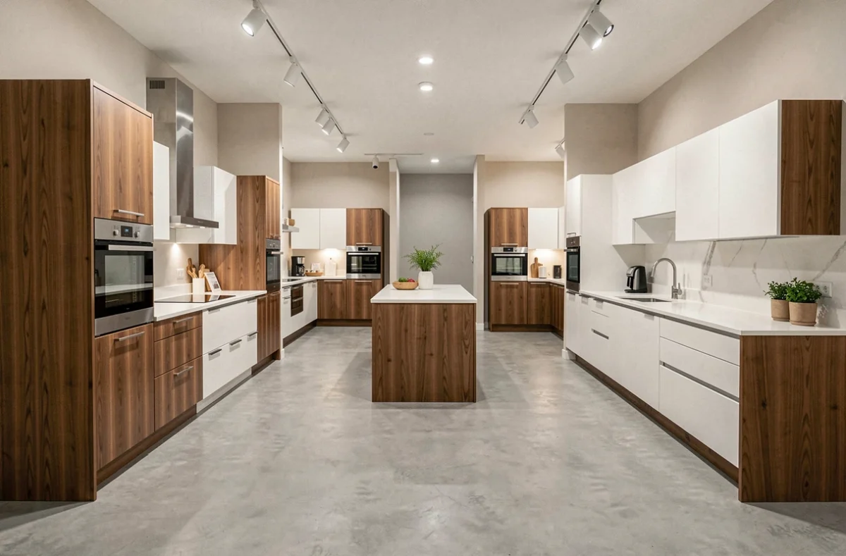 Showroom de cuisinistes en Haute-Vienne avec plusieurs configurations de cuisines modernes exposées