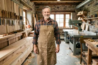 Atelier de menuiserie traditionnel en Bretagne avec un artisan et des outils en bois